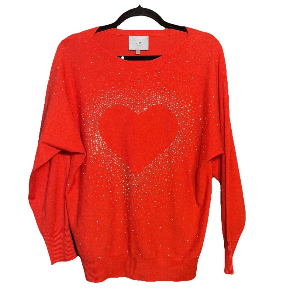 LIV Milano Sweater Rhinestone Heart Large Red Valentine Sparkle Festive Pullover